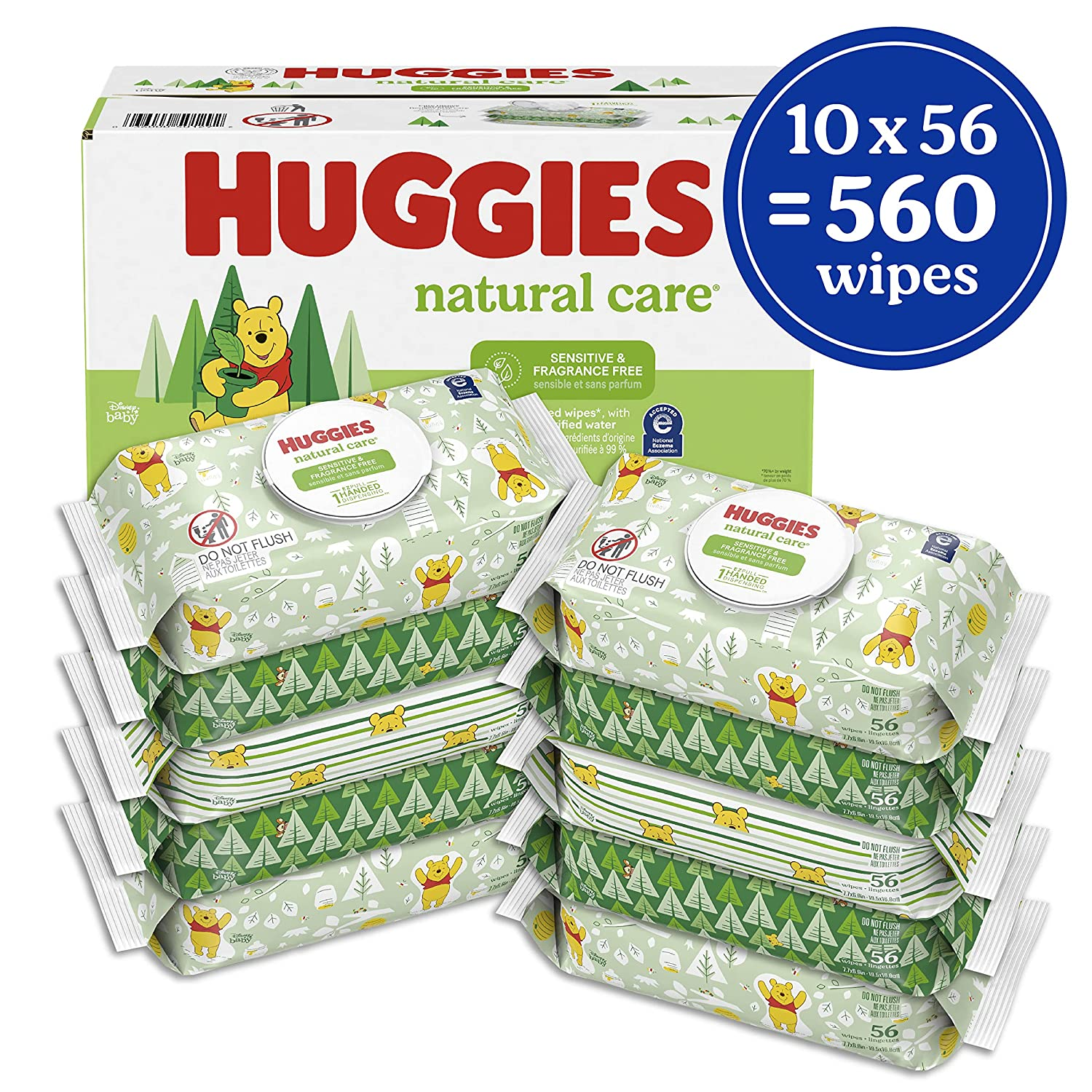 Baby Wipes, Huggies Natural Care Sensitive Baby Diaper Wipes, Unscented, Hypoallergenic, 10 Flip-Top Packs (560 Wipes Total)