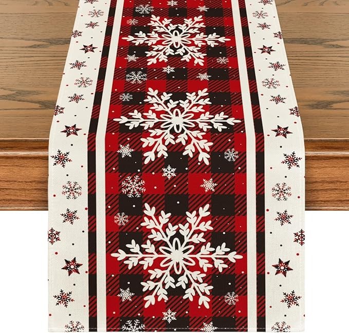 Artoid Mode Buffalo Plaid Snowflakes Christmas Table Runner, Seasonal Winter Kitchen Dining Table Decoration for Home Party Decor 13x72 Inch